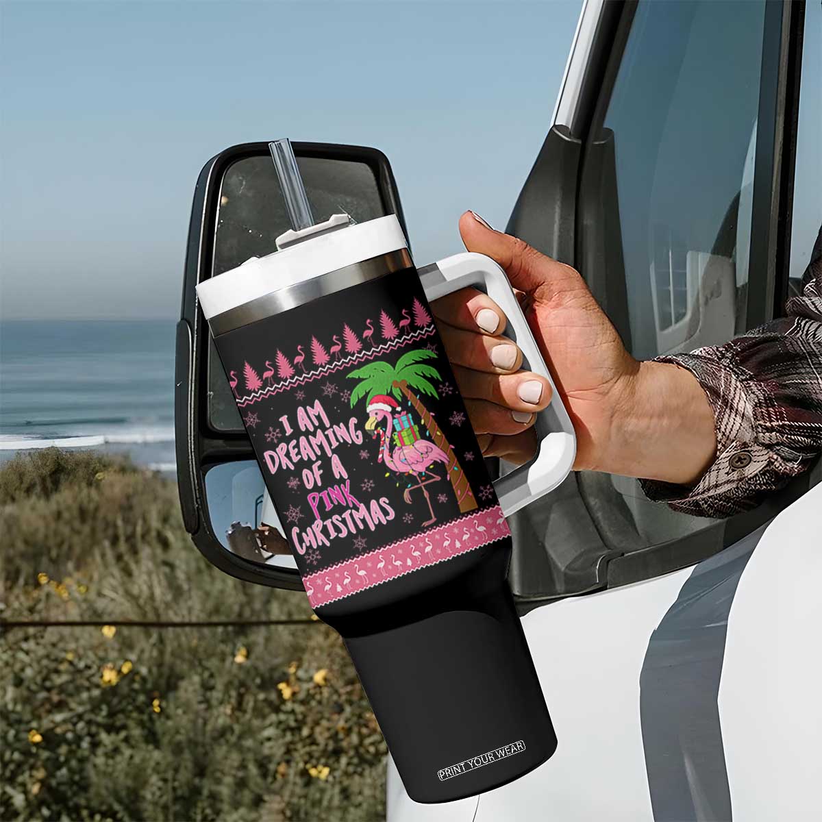 I Am Dreaming Of A Pink Christmas Tumbler With Handle Family Trip Santa Flamingo Palm Tree Ugly Xmas TS10 Print Your Wear