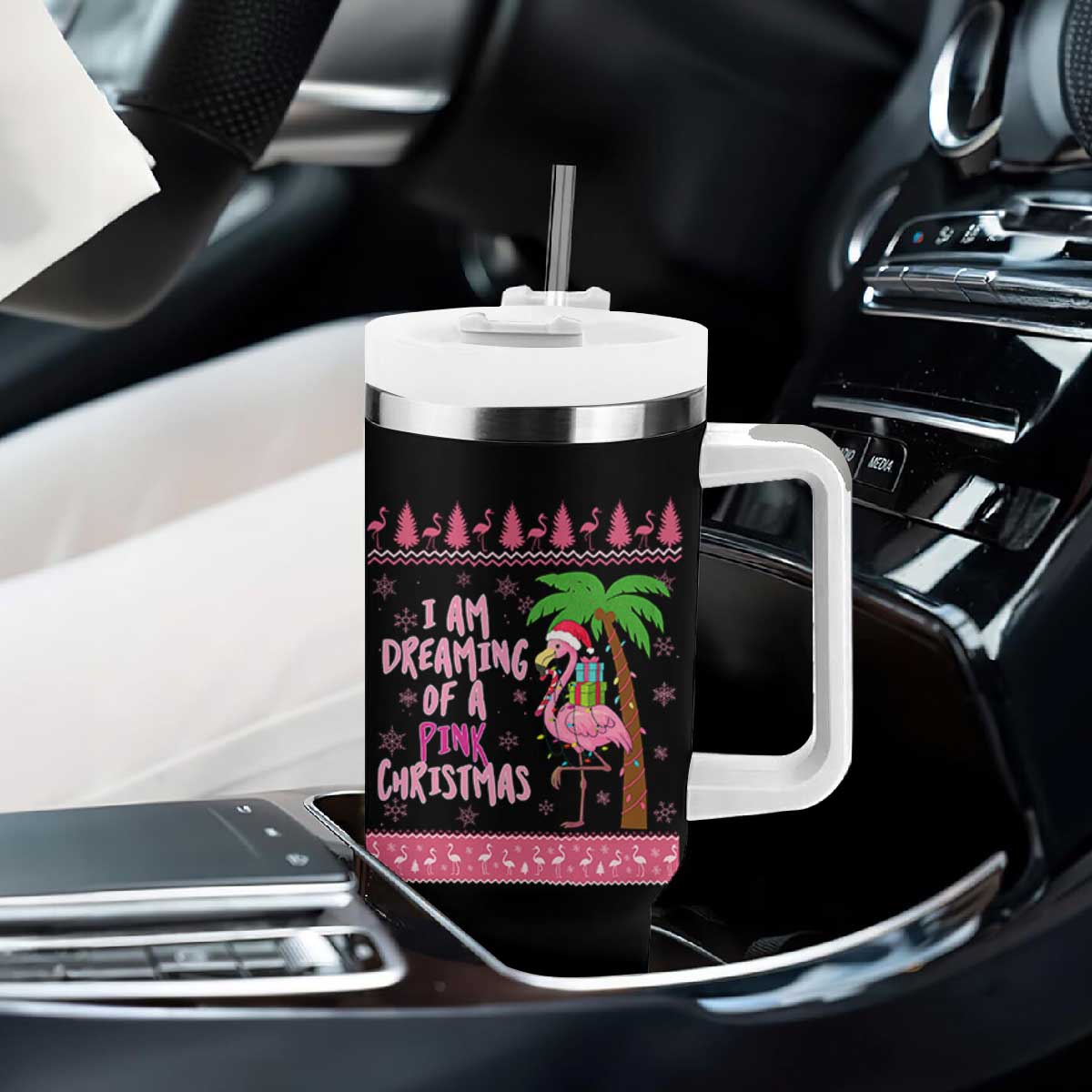I Am Dreaming Of A Pink Christmas Tumbler With Handle Family Trip Santa Flamingo Palm Tree Ugly Xmas TS10 Print Your Wear