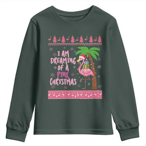 I Am Dreaming Of A Pink Christmas Youth Sweatshirt Family Trip Santa Flamingo Palm Tree Ugly Xmas TS10 Dark Forest Green Print Your Wear