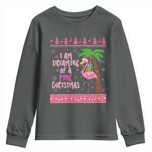 I Am Dreaming Of A Pink Christmas Youth Sweatshirt Family Trip Santa Flamingo Palm Tree Ugly Xmas TS10 Dark Heather Print Your Wear