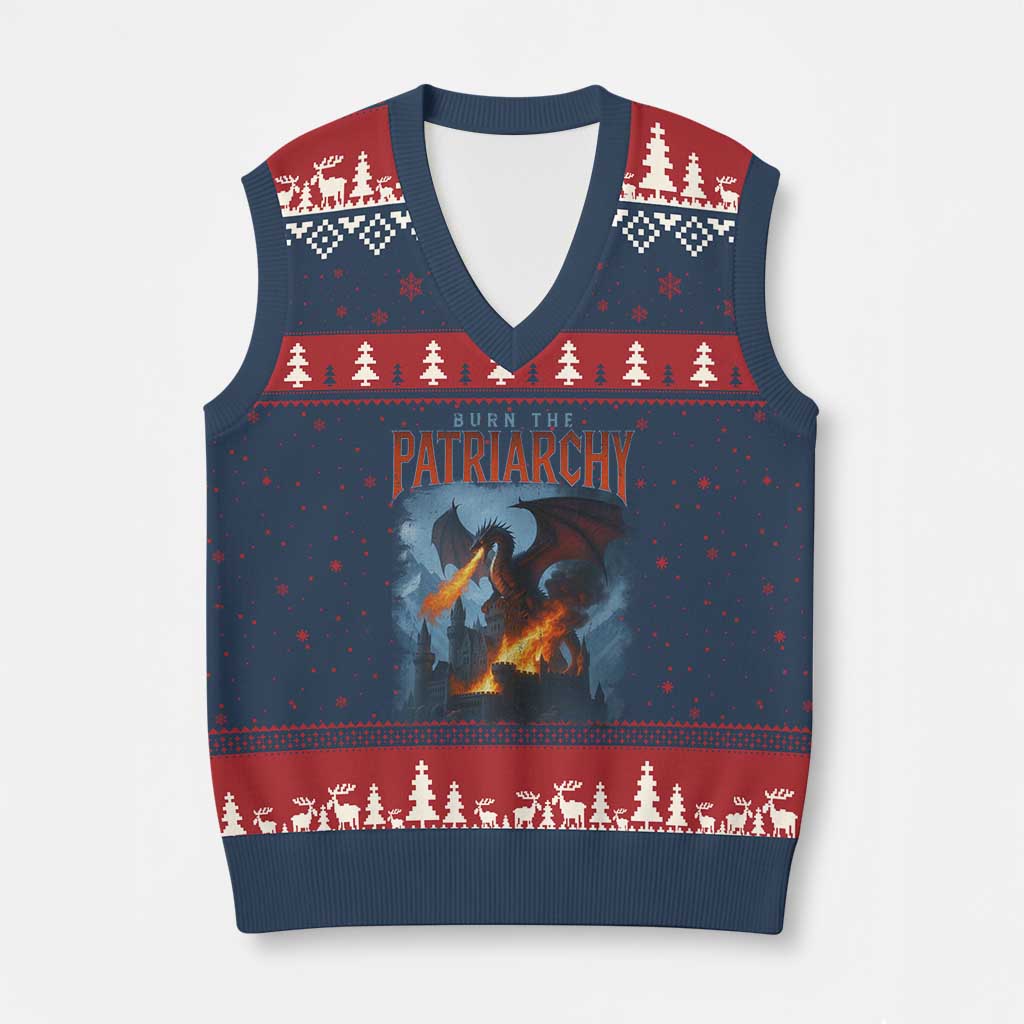 Vintage 90s Feminism Dragon V-Neck Knit Sweater Vest Burn the Patriarchy TS10 Navy Red Print Your Wear