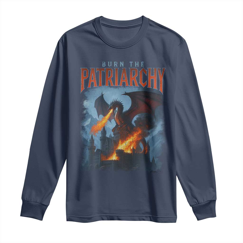 Vintage 90s Feminism Dragon Long Sleeve Shirt Burn the Patriarchy TS10 Navy Print Your Wear