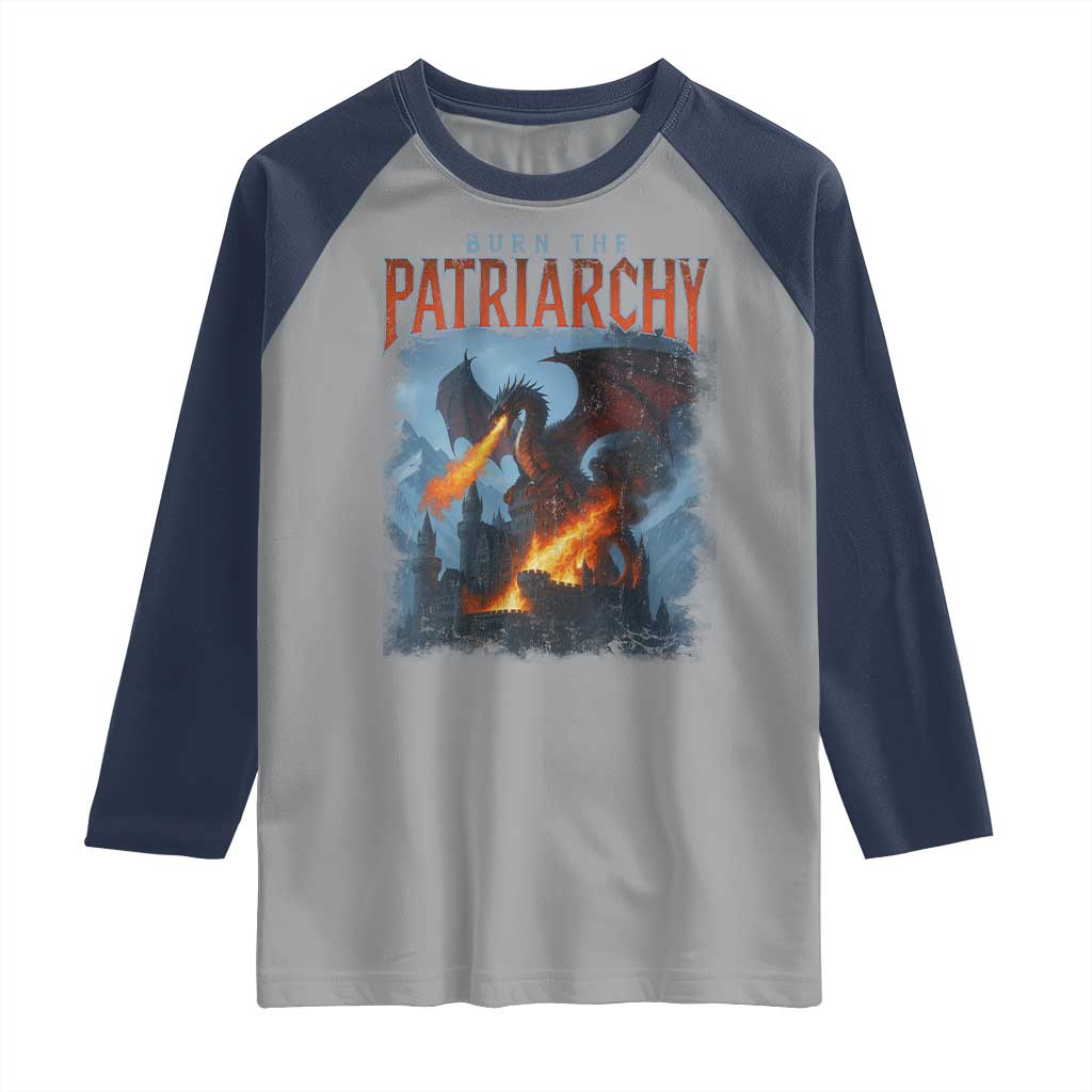 Vintage 90s Feminism Dragon Raglan Shirt Burn the Patriarchy TS10 Sport Gray Navy Print Your Wear