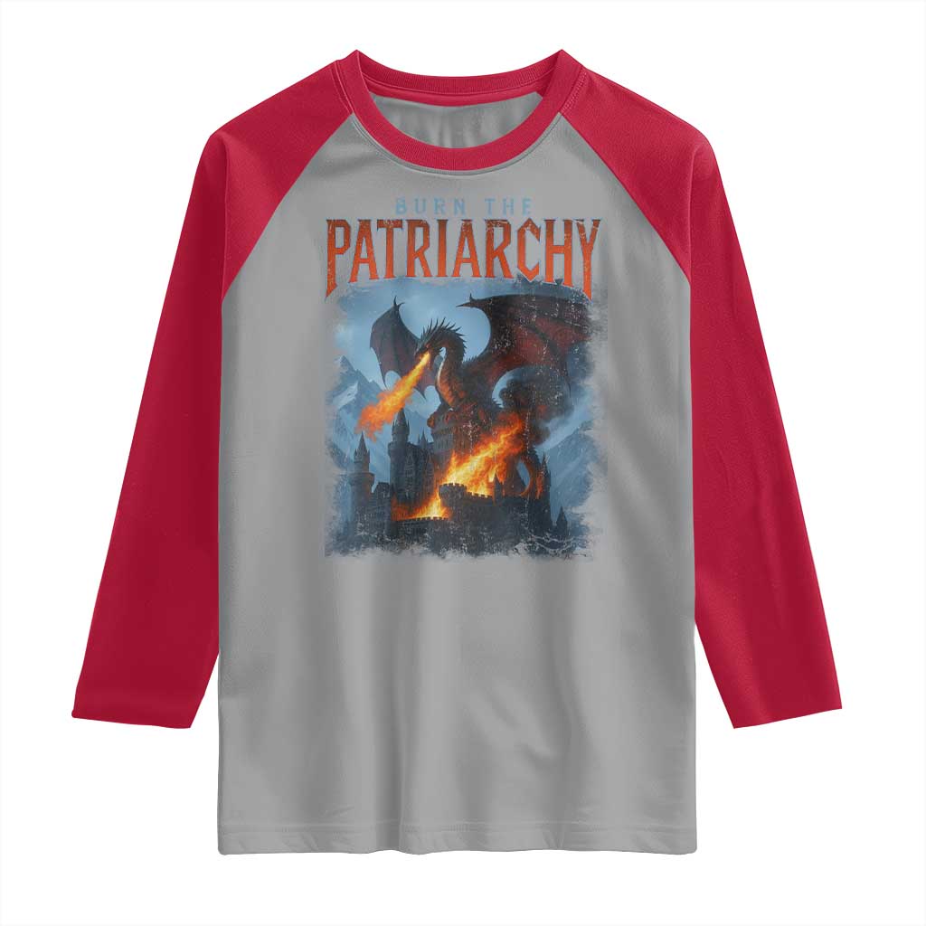 Vintage 90s Feminism Dragon Raglan Shirt Burn the Patriarchy TS10 Sport Gray Red Print Your Wear
