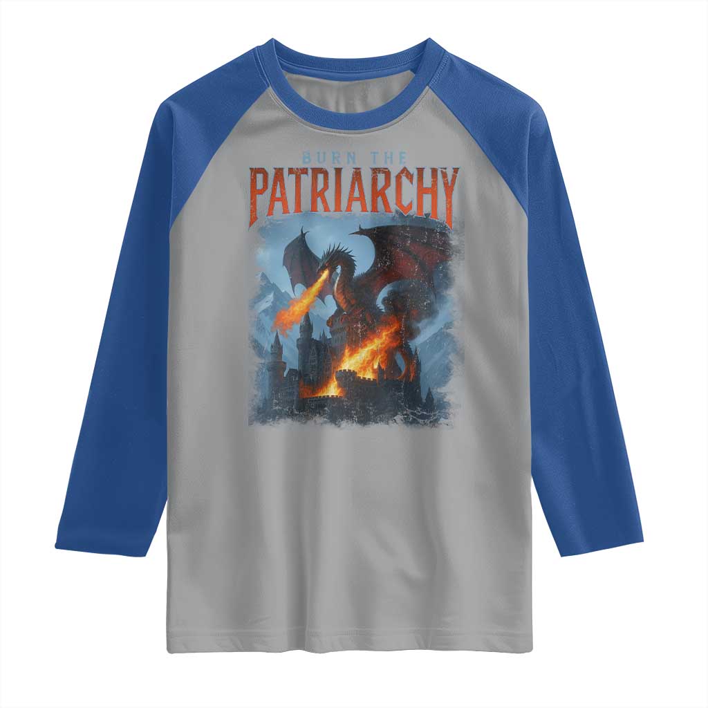 Vintage 90s Feminism Dragon Raglan Shirt Burn the Patriarchy TS10 Sport Gray Royal Print Your Wear
