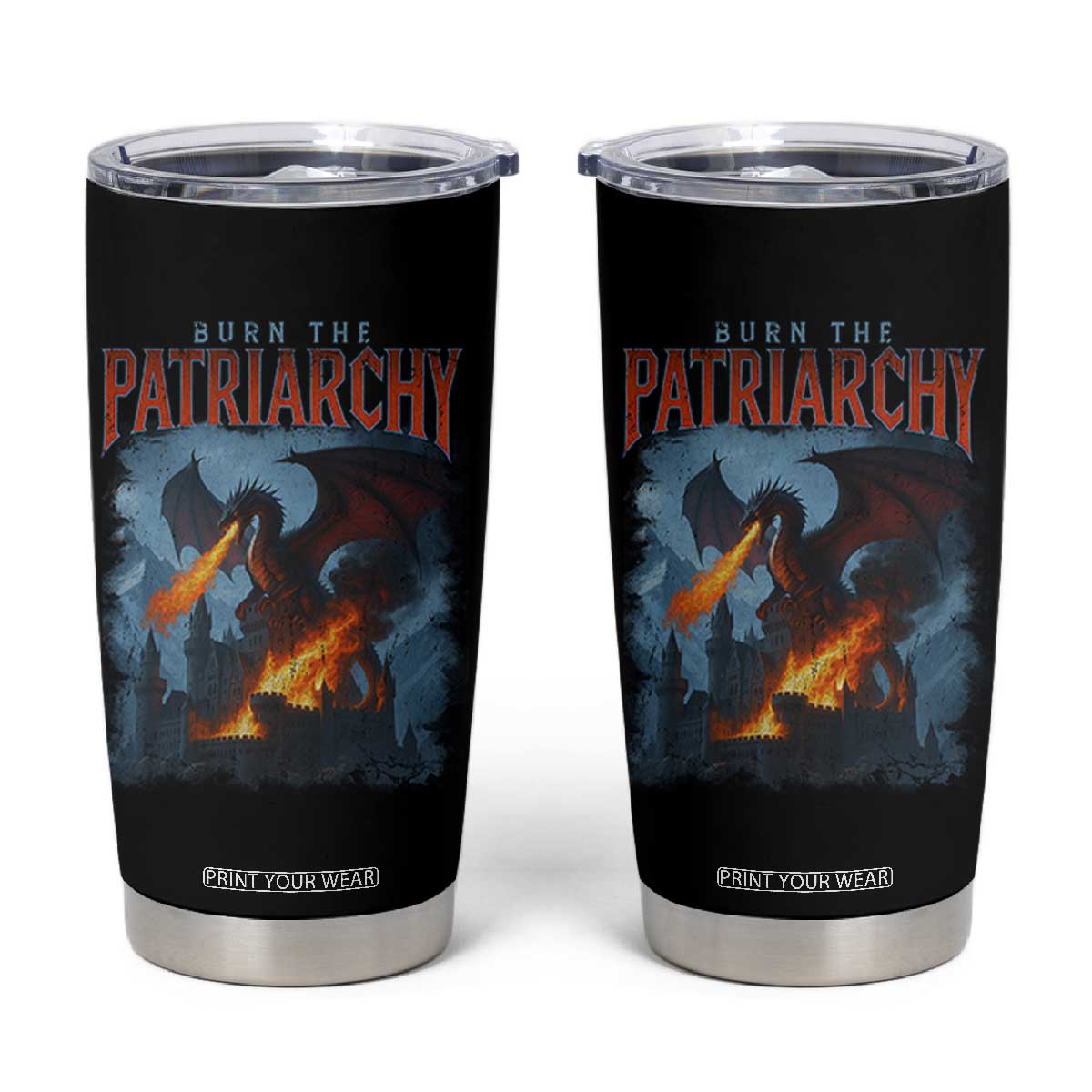 Vintage 90s Feminism Dragon Tumbler Cup Burn the Patriarchy TS10 Black Print Your Wear