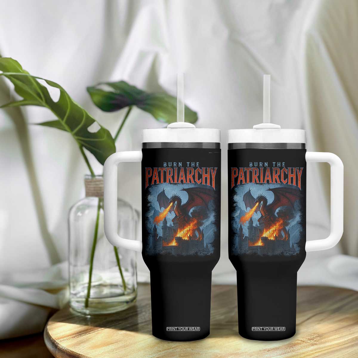 Vintage 90s Feminism Dragon Tumbler With Handle Burn the Patriarchy TS10 Print Your Wear