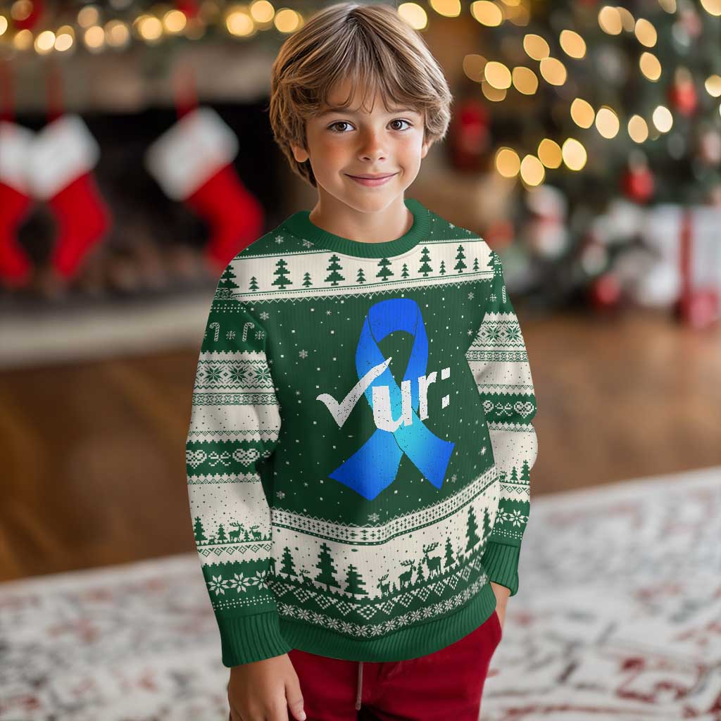 Colon Cancer Awareness Ugly Christmas Sweater Blue Ribbon Colonoscopy Colorectal TS10 Forest Green Beige Print Your Wear