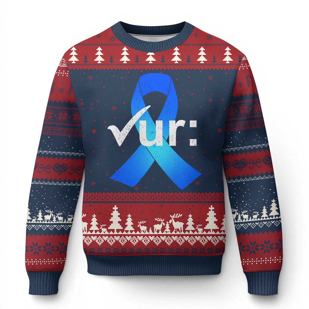 Colon Cancer Awareness Ugly Christmas Sweater Blue Ribbon Colonoscopy Colorectal TS10 Navy Red Print Your Wear