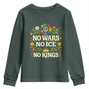No Wars No ICE No Kings Youth Sweatshirt Floral Resist Anti War Protest TS10 Dark Forest Green Print Your Wear