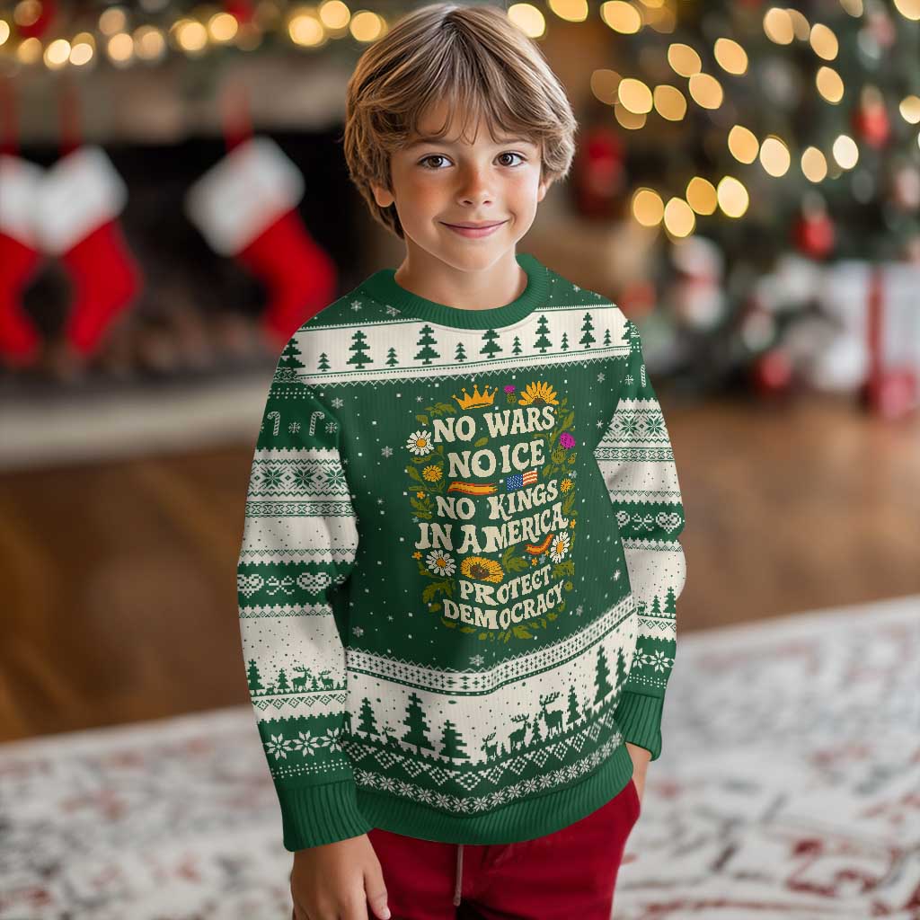 No Wars No ICE No Kings Ugly Christmas Sweater Floral Resist No Kings In America Protest TS10 Forest Green Beige Print Your Wear