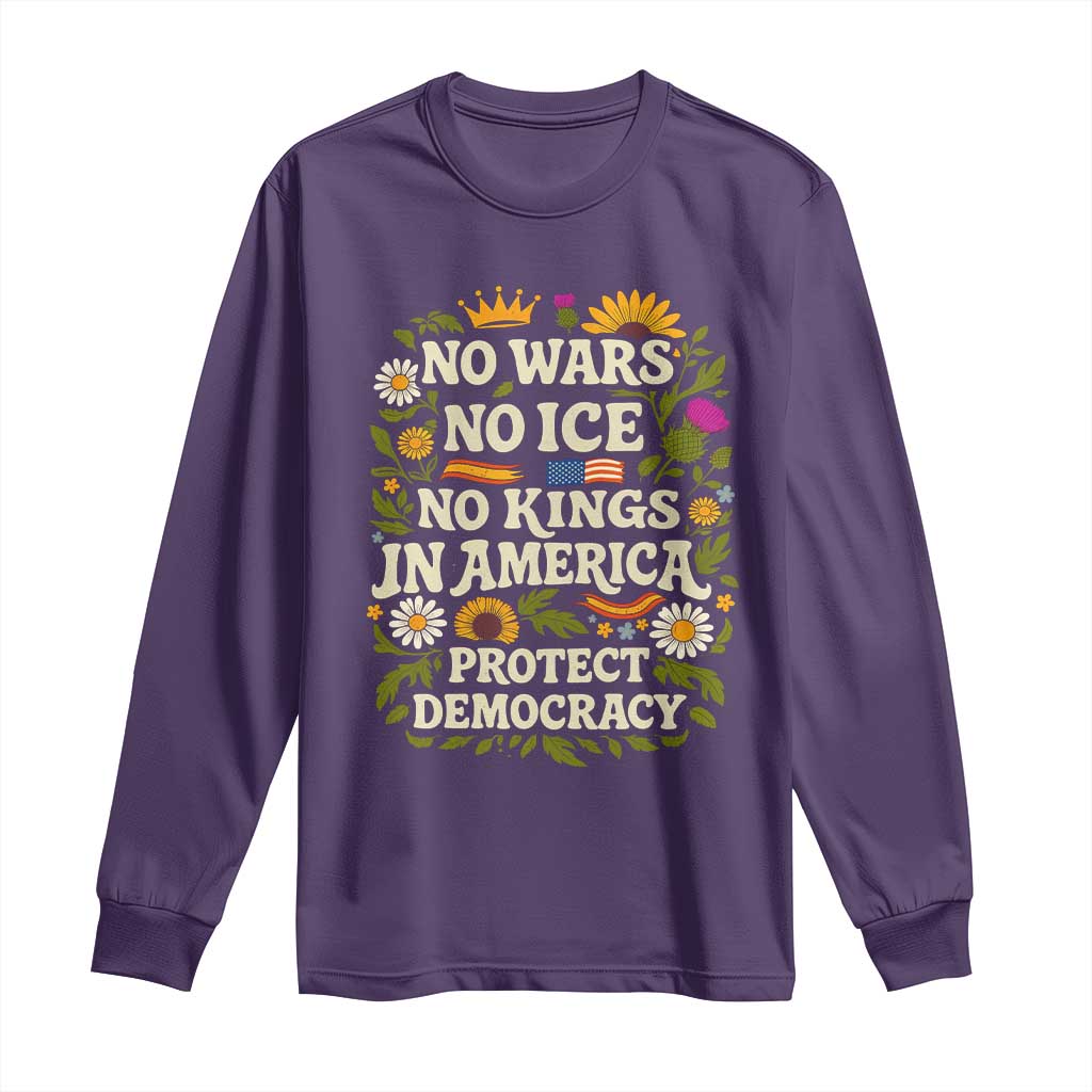 No Wars No ICE No Kings Long Sleeve Shirt Floral Resist No Kings In America Protest TS10 Purple Print Your Wear