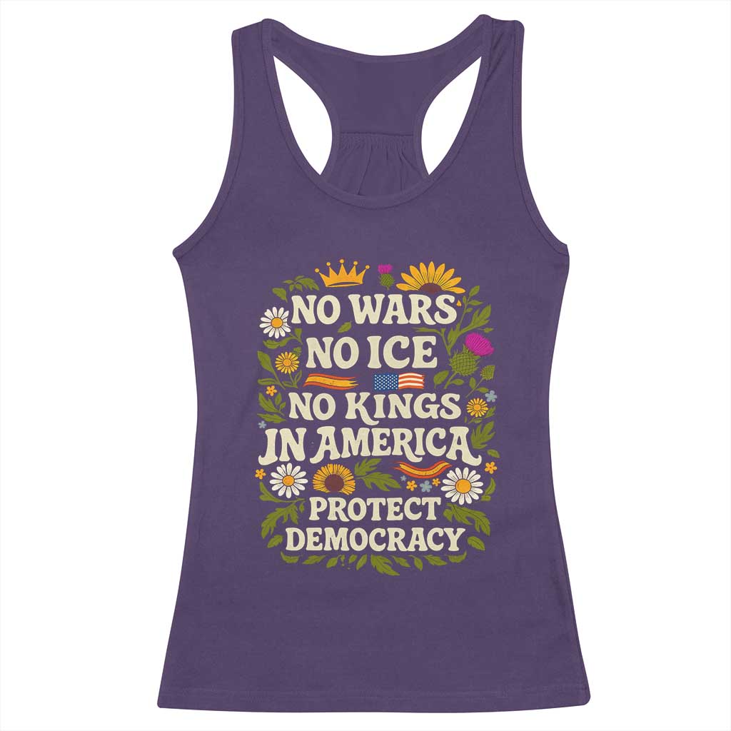 No Wars No ICE No Kings Racerback Tank Top Floral Resist No Kings In America Protest TS10 Purple Print Your Wear