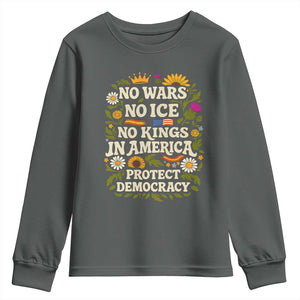 No Wars No ICE No Kings Youth Sweatshirt Floral Resist No Kings In America Protest TS10 Dark Heather Print Your Wear