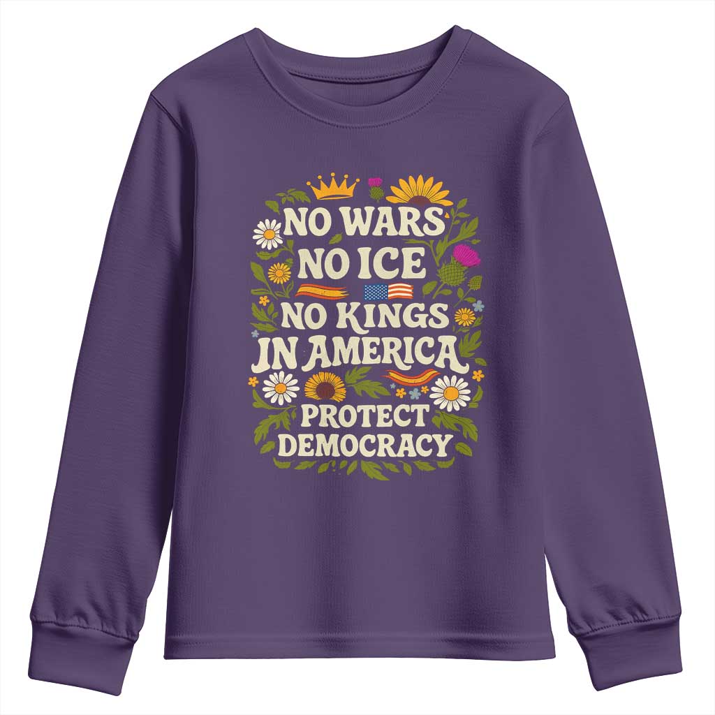 No Wars No ICE No Kings Youth Sweatshirt Floral Resist No Kings In America Protest TS10 Purple Print Your Wear