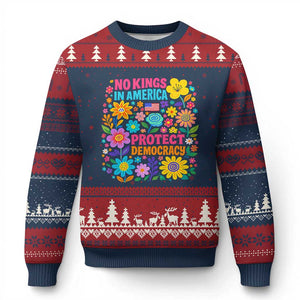 No Kings In America Protest Democraty Ugly Christmas Sweater Floral Resist TS10 Navy Red Print Your Wear