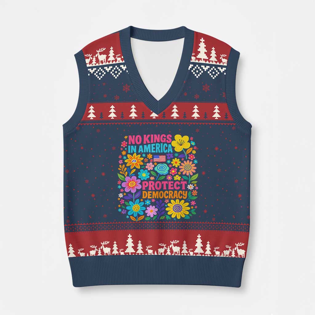 No Kings In America Protest Democraty V-Neck Knit Sweater Vest Floral Resist TS10 Navy Red Print Your Wear