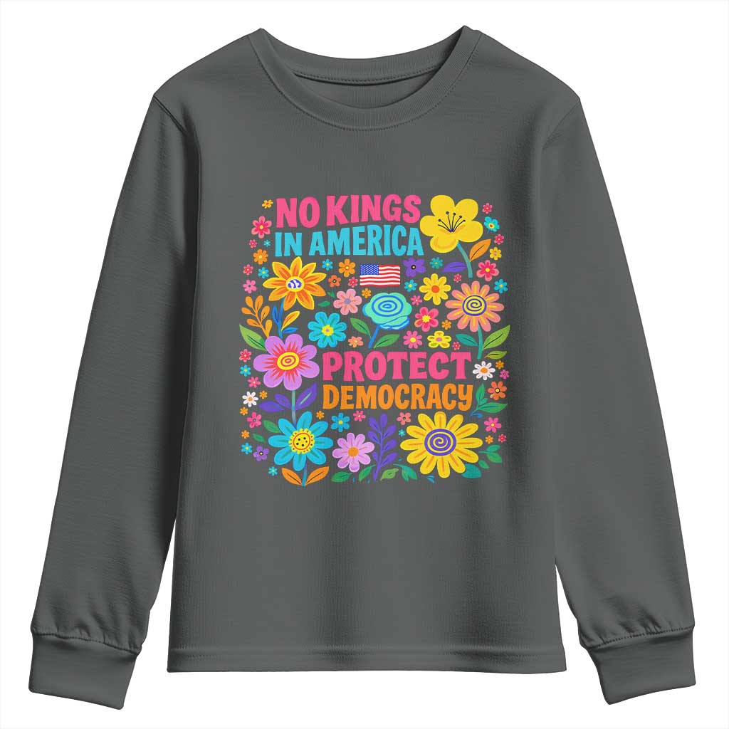 No Kings In America Protest Democraty Youth Sweatshirt Floral Resist TS10 Dark Heather Print Your Wear
