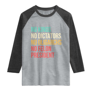 No Kings Raglan Shirt Retro Resistance TS10 Heather Gray Heather Charcoal Print Your Wear