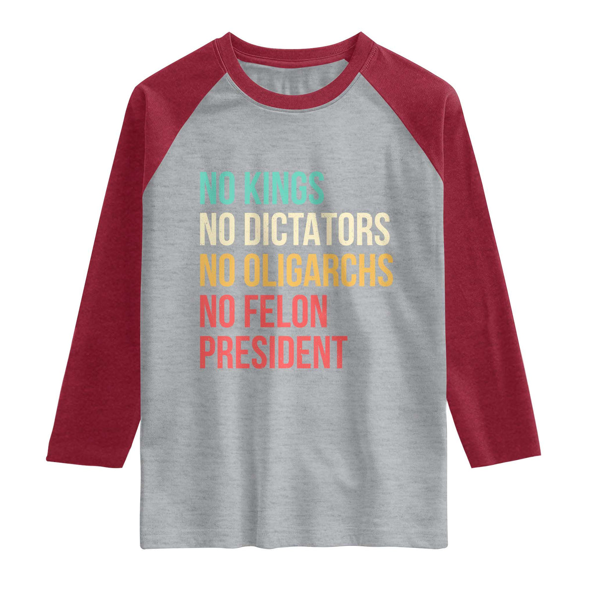 No Kings Raglan Shirt Retro Resistance TS10 Heather Gray Heather Red Print Your Wear