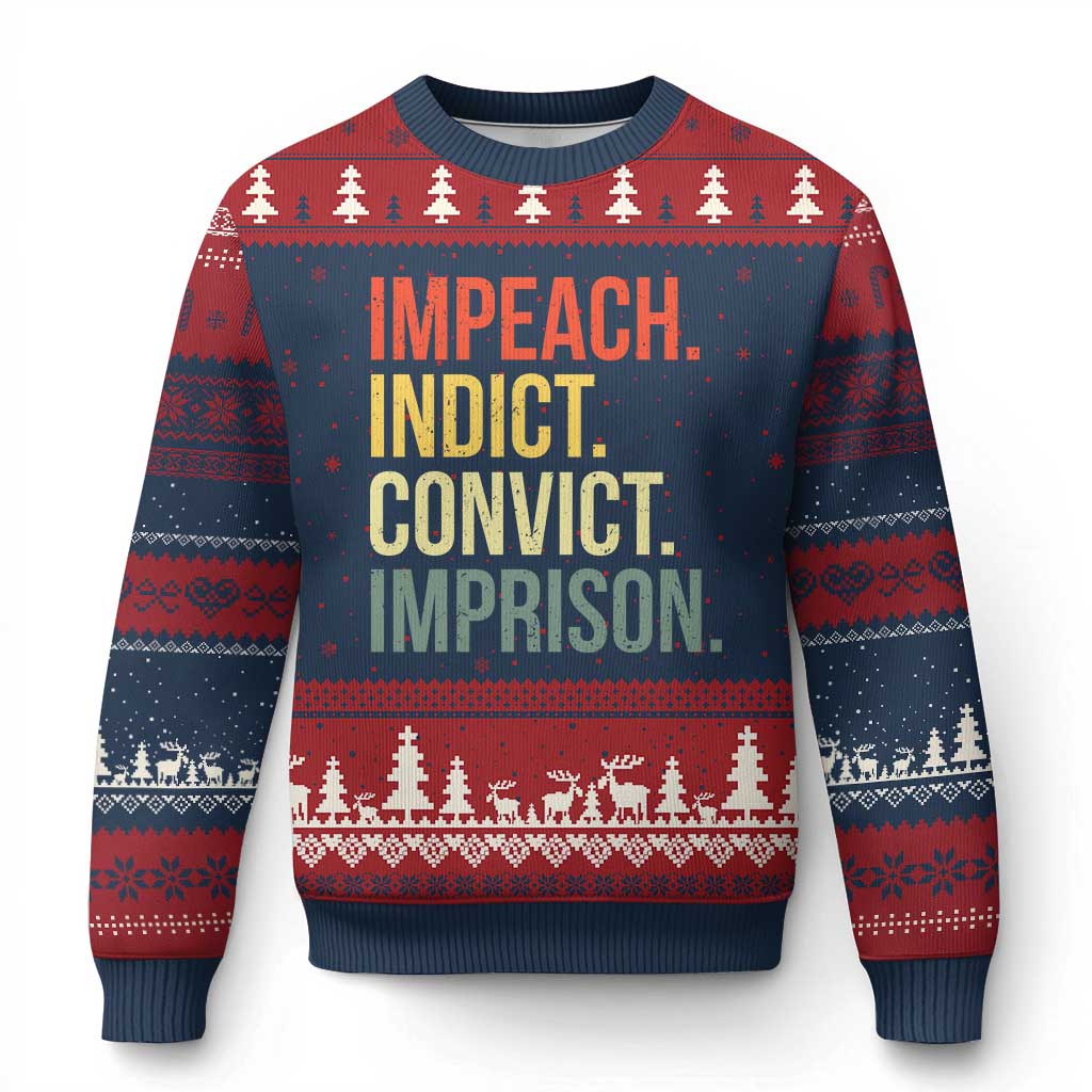 Impeach Indict Convict Imprison Ugly Christmas Sweater Subtle FDT TS10 Navy Red Print Your Wear