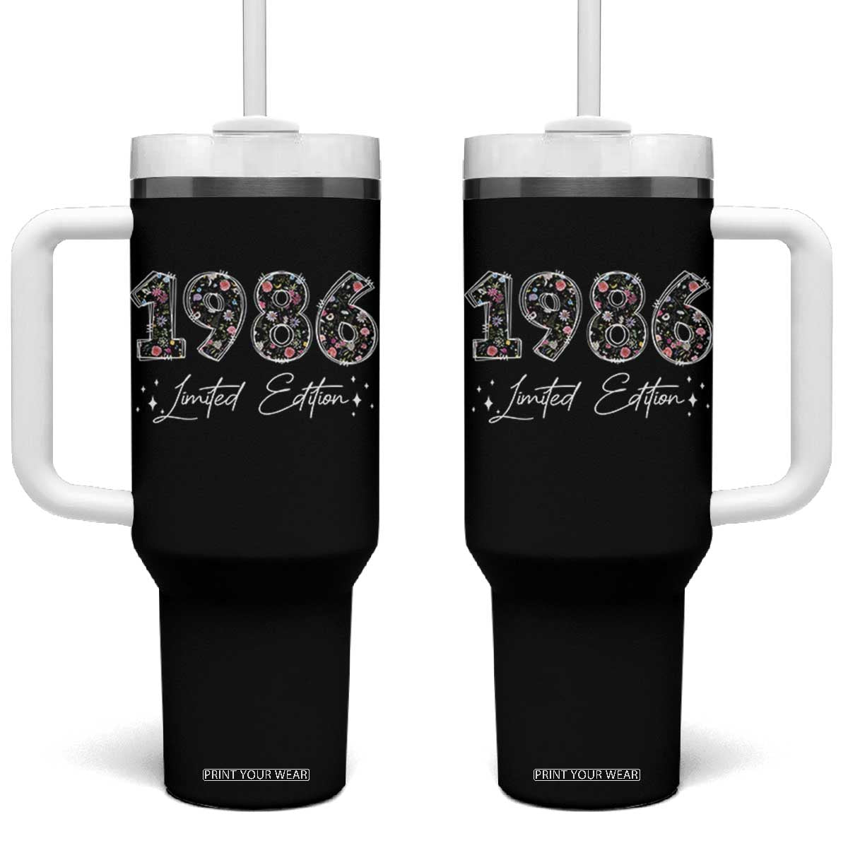 40th Birthday Tumbler With Handle Floral 1986 40 Year Old Birthday Gifts For Women TS10 One Size: 40 oz Black Print Your Wear