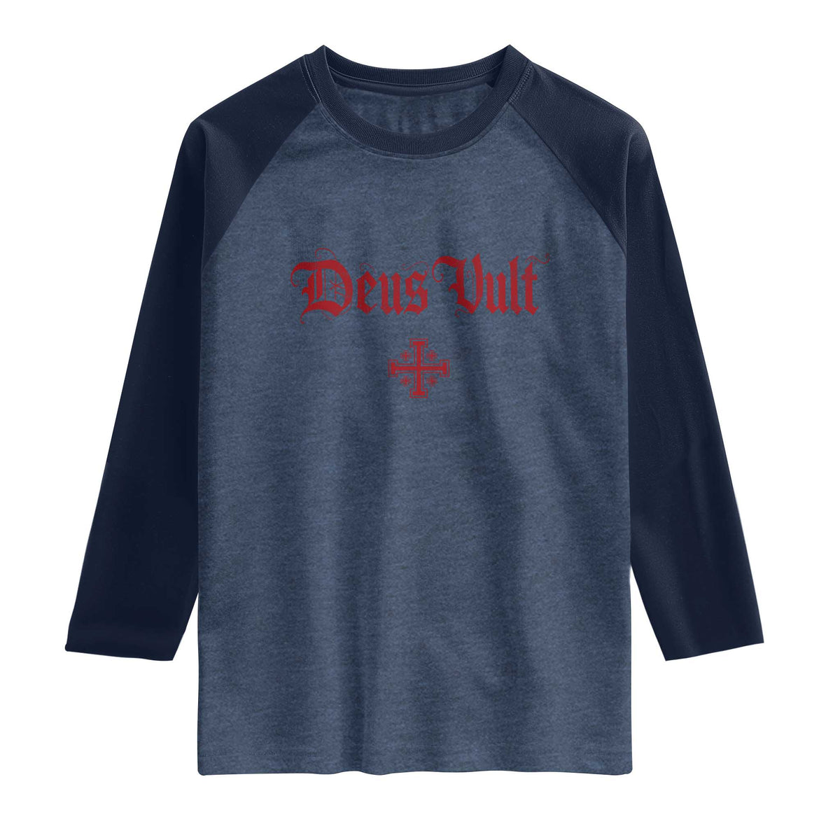 Catholic Knights Templar Cross Raglan Shirt Crusader Deus Vult TS10 Heather Denim Navy Print Your Wear