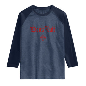 Catholic Knights Templar Cross Raglan Shirt Crusader Deus Vult TS10 Heather Denim Navy Print Your Wear