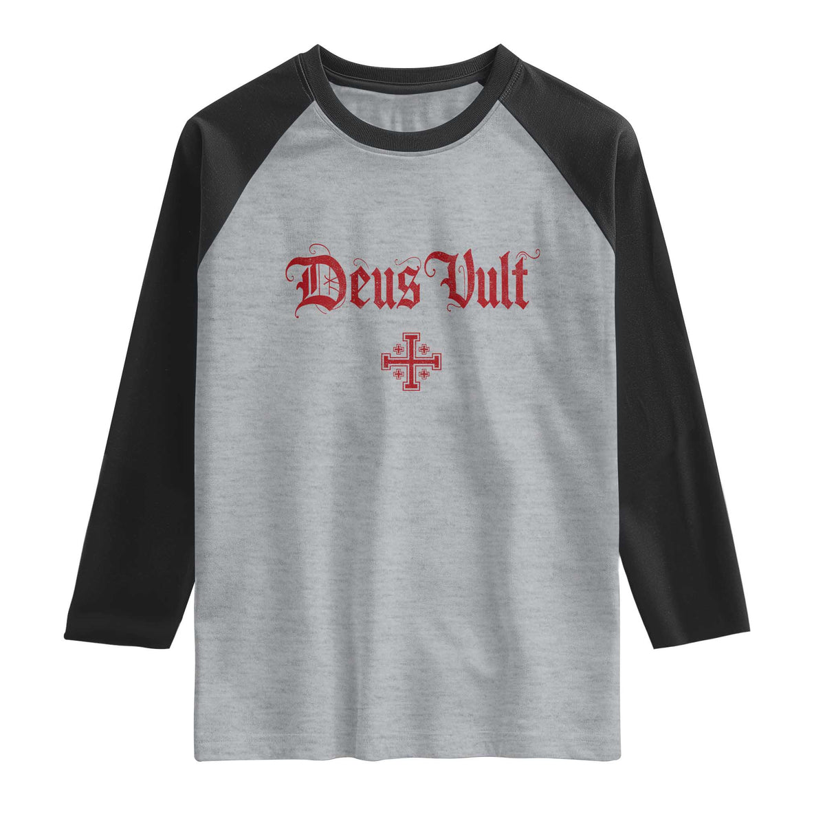 Catholic Knights Templar Cross Raglan Shirt Crusader Deus Vult TS10 Heather Gray Black Print Your Wear