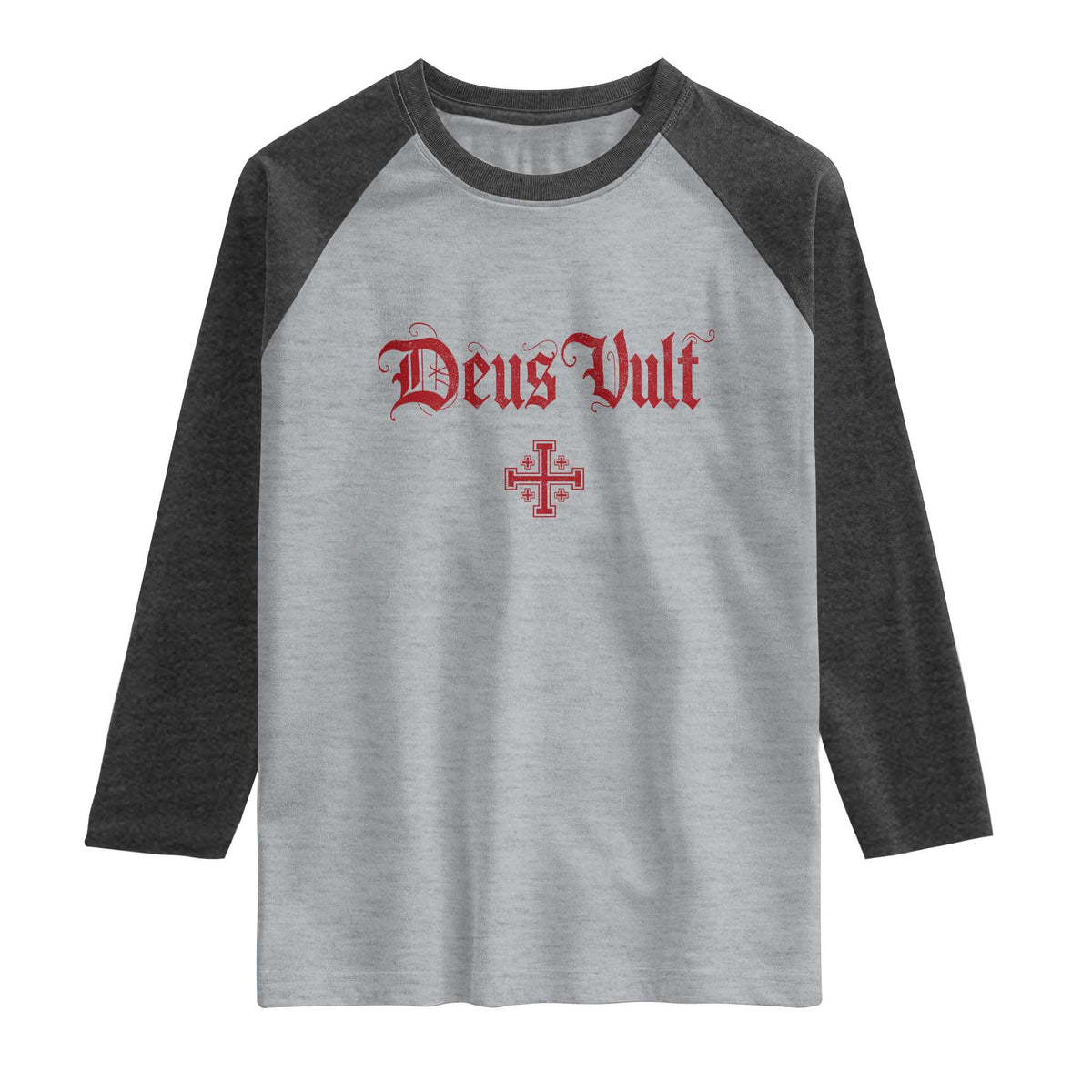 Catholic Knights Templar Cross Raglan Shirt Crusader Deus Vult TS10 Heather Gray Heather Charcoal Print Your Wear