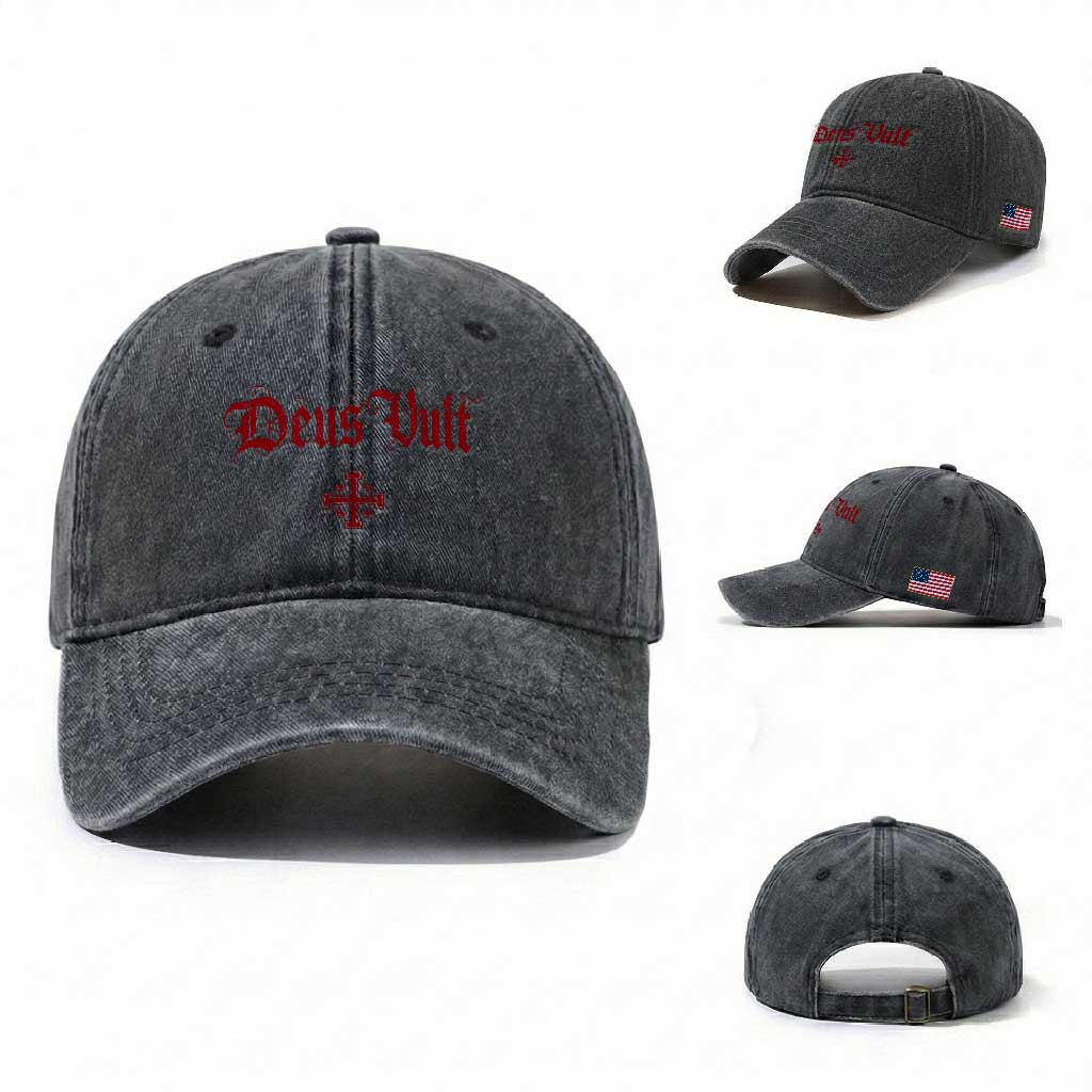 Catholic Knights Templar Cross Washed Cotton Baseball Cap Crusader Deus Vult TS10 Washed Cap Universal Fit Dark Gray Print Your Wear