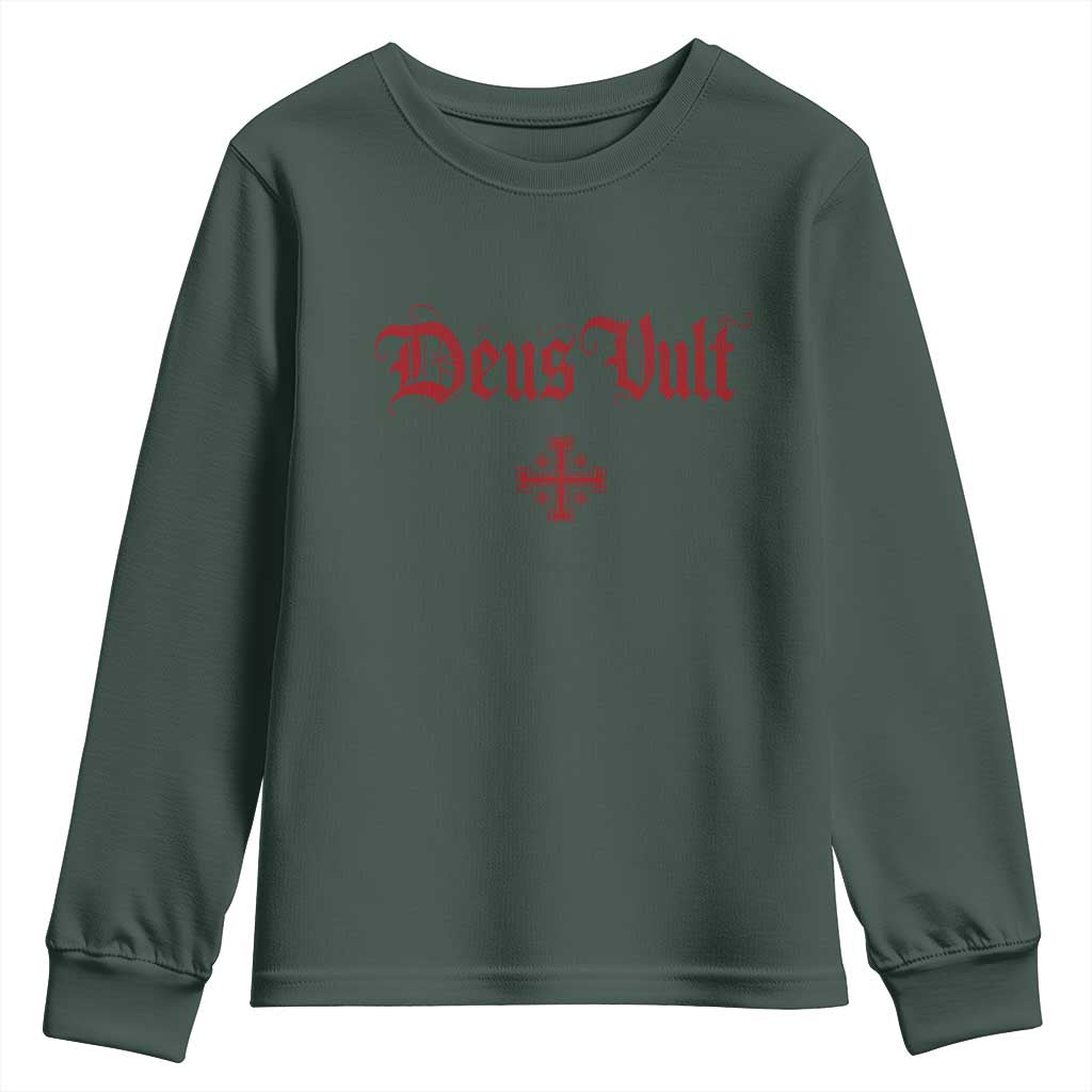 Catholic Knights Templar Cross Youth Sweatshirt Crusader Deus Vult TS10 Dark Forest Green Print Your Wear