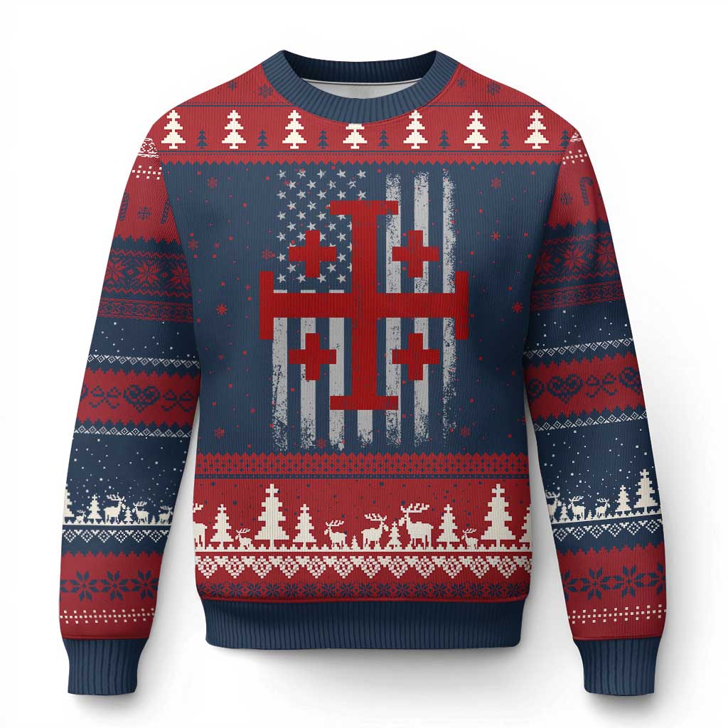 Catholic Crusader Cross Ugly Christmas Sweater Knight Templar Patriotic American Flag TS10 Navy Red Print Your Wear