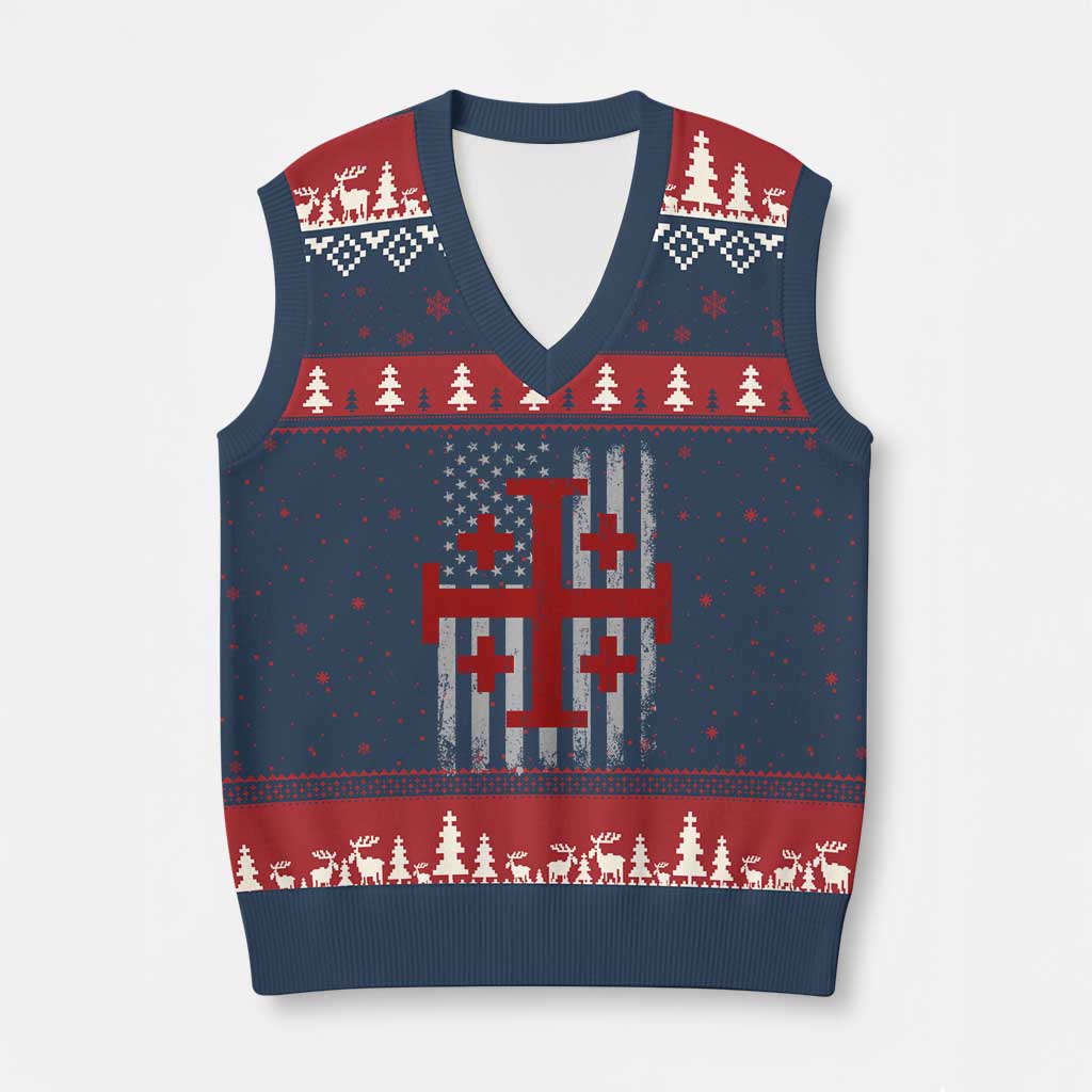 Catholic Crusader Cross V-Neck Knit Sweater Vest Knight Templar Patriotic American Flag TS10 Navy Red Print Your Wear
