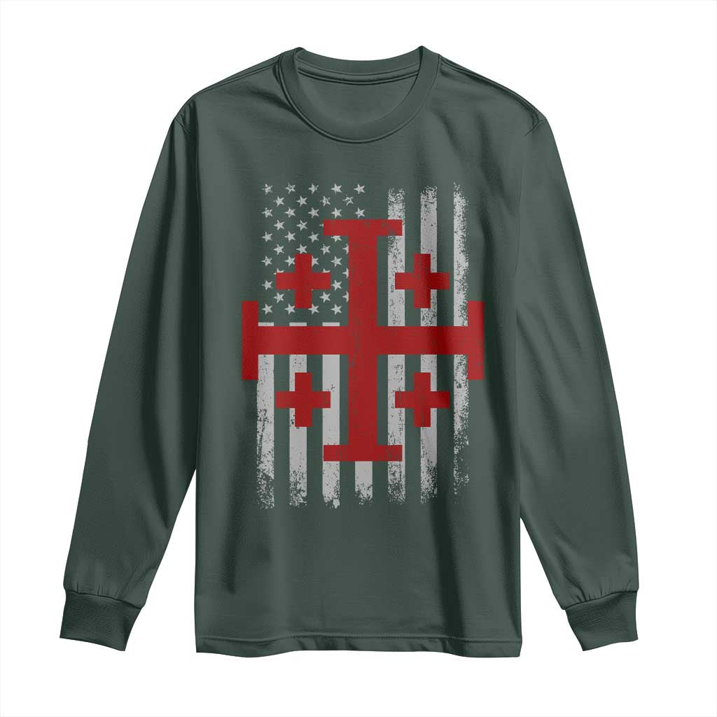 Catholic Crusader Cross Long Sleeve Shirt Knight Templar Patriotic American Flag TS10 Dark Forest Green Print Your Wear