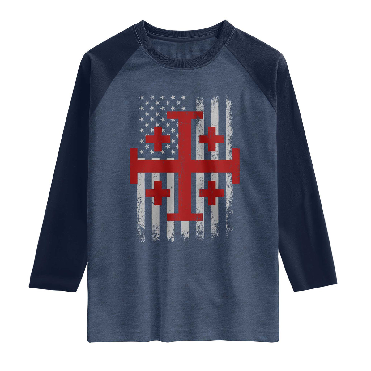 Catholic Crusader Cross Raglan Shirt Knight Templar Patriotic American Flag TS10 Heather Denim Navy Print Your Wear