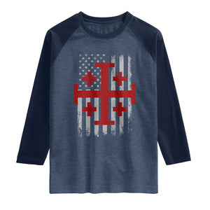 Catholic Crusader Cross Raglan Shirt Knight Templar Patriotic American Flag TS10 Heather Denim Navy Print Your Wear