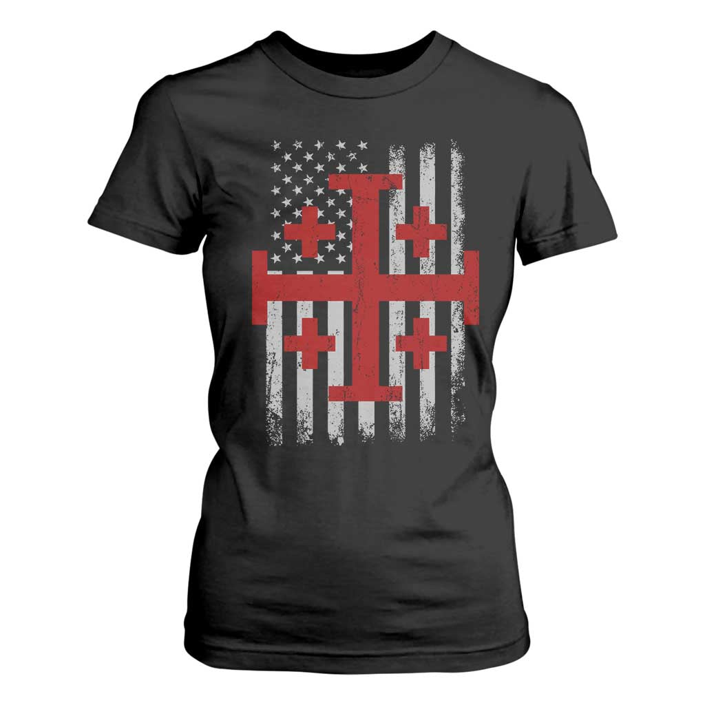 Catholic Crusader Cross T Shirt For Women Knight Templar Patriotic American Flag TS10 Black Print Your Wear