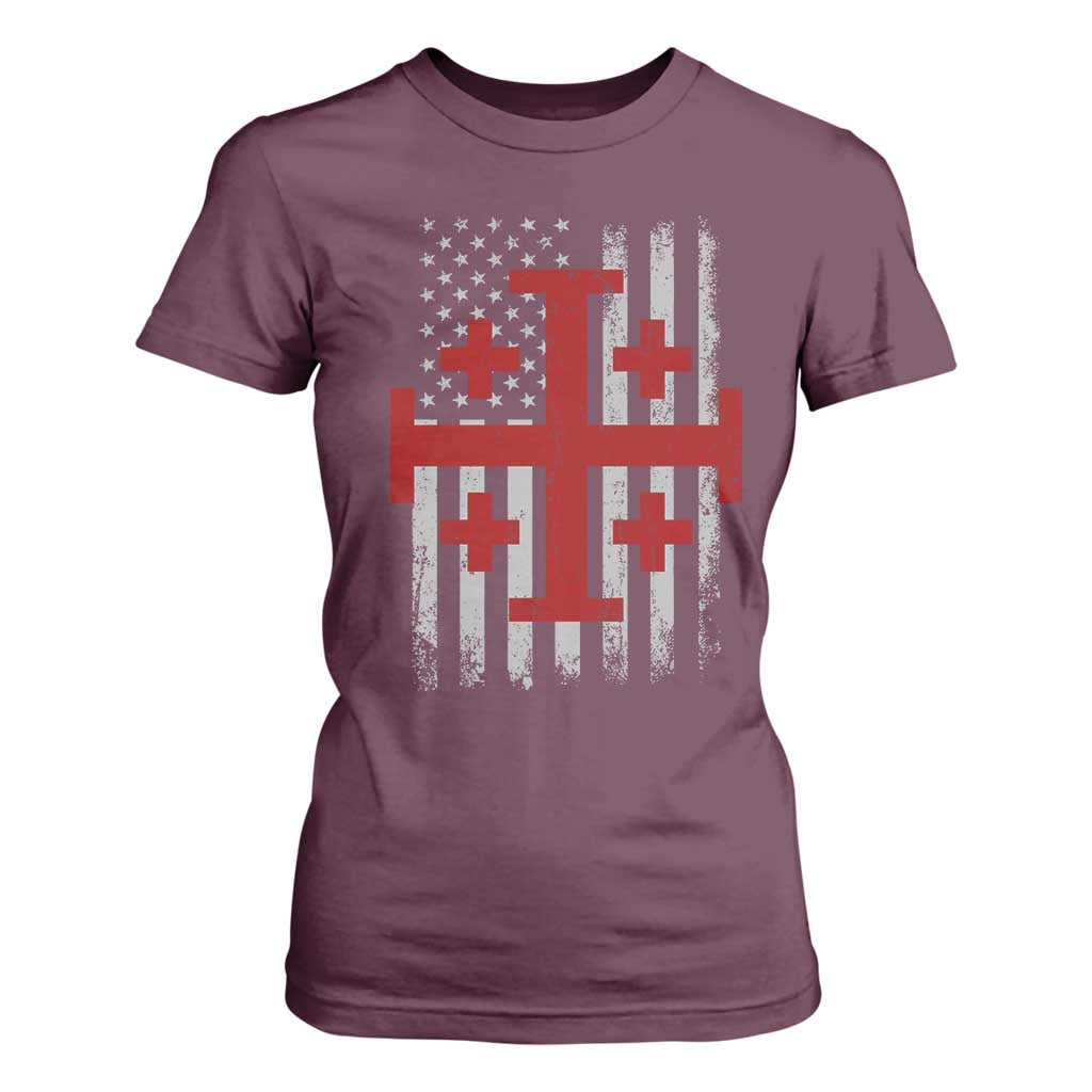 Catholic Crusader Cross T Shirt For Women Knight Templar Patriotic American Flag TS10 Maroon Print Your Wear
