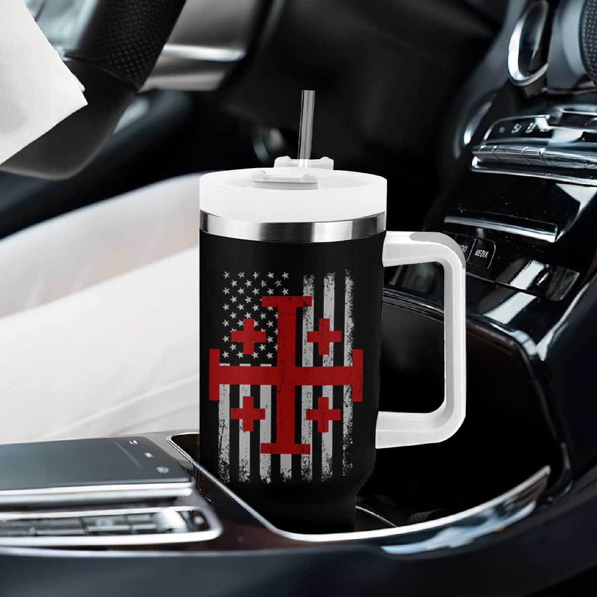 Catholic Crusader Cross Tumbler With Handle Knight Templar Patriotic American Flag TS10 Print Your Wear