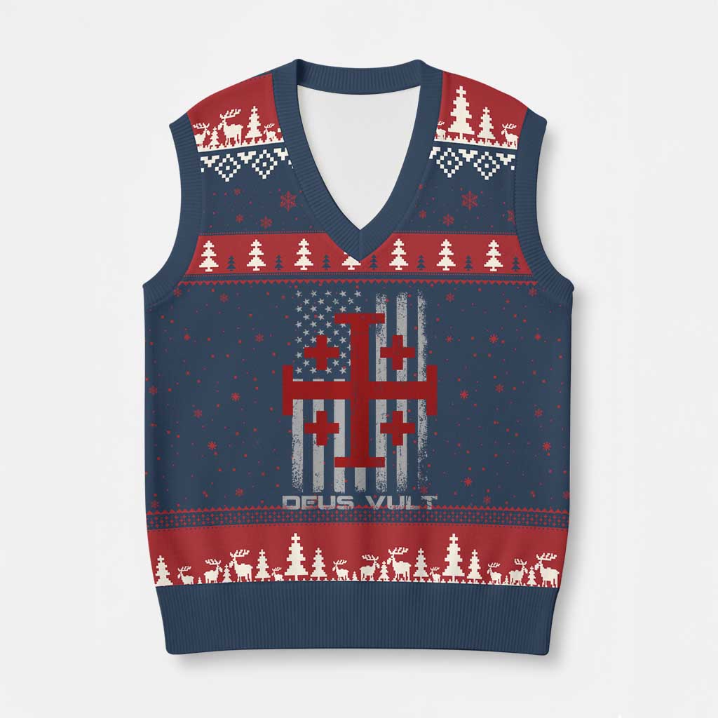 Catholic Knight Templar Crusader Cross V-Neck Knit Sweater Vest Knight Templar Patriotic American Flag TS10 Navy Red Print Your Wear