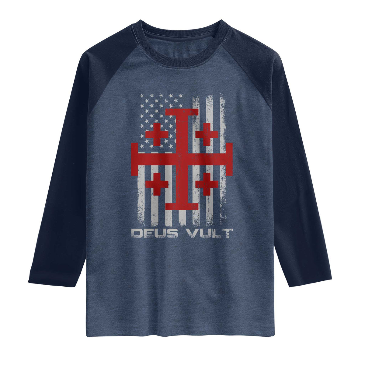 Catholic Knight Templar Crusader Cross Raglan Shirt Knight Templar Patriotic American Flag TS10 Heather Denim Navy Print Your Wear