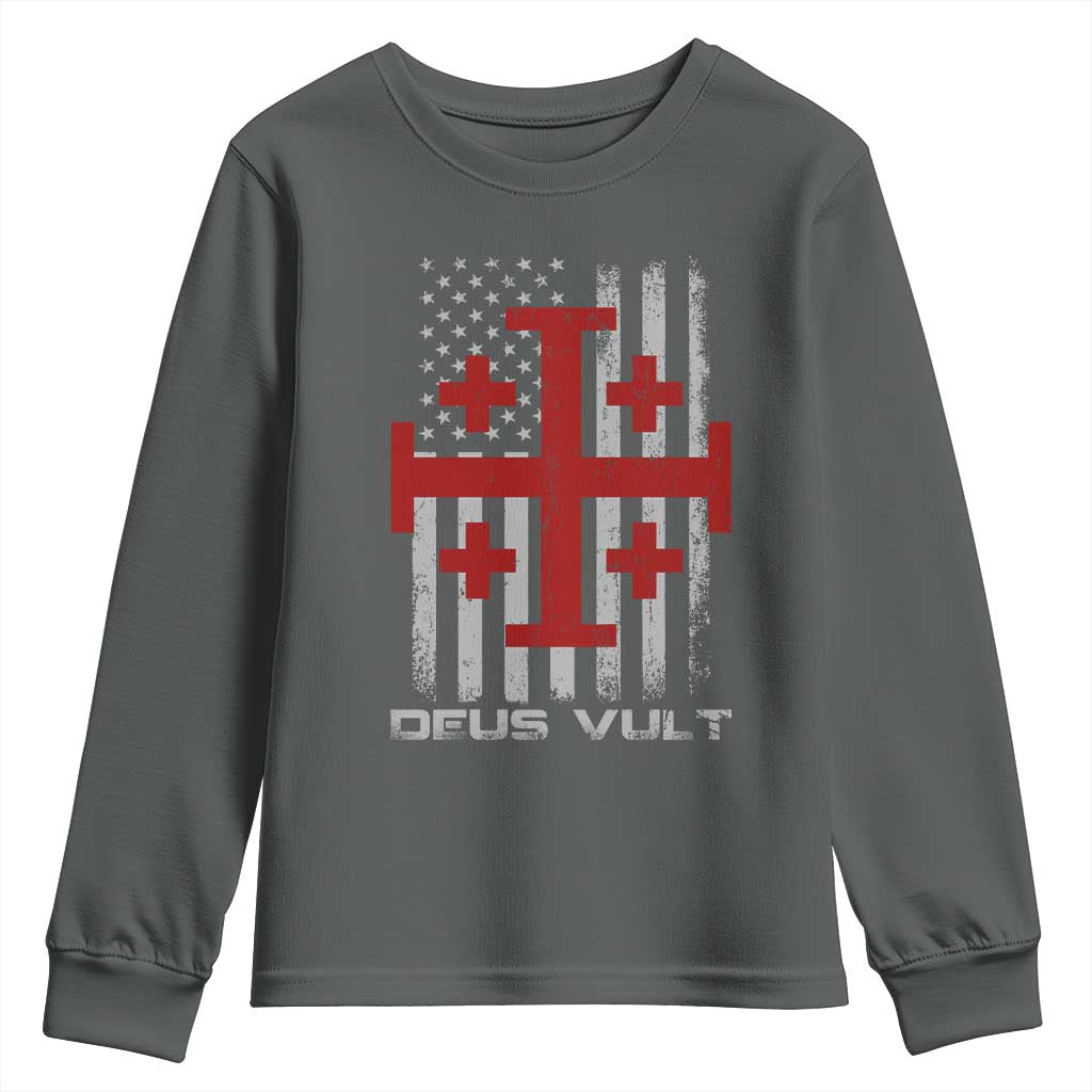 Catholic Knight Templar Crusader Cross Youth Sweatshirt Knight Templar Patriotic American Flag TS10 Dark Heather Print Your Wear