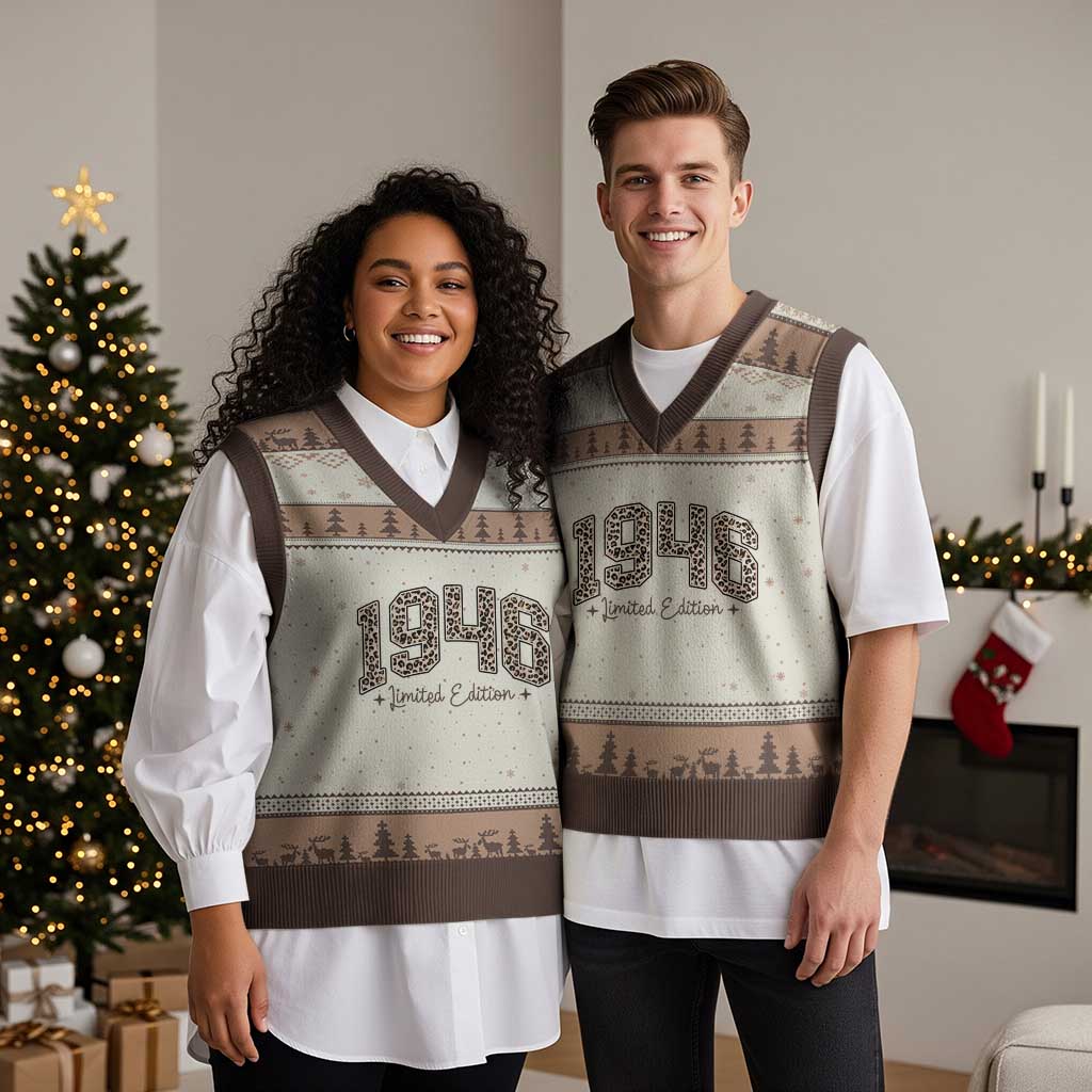 1946 Retro Birthday V-Neck Knit Sweater Vest 80 Year Old Leopard 80th Birthday Gifts For Women TS10 Mocha Mousse Print Your Wear