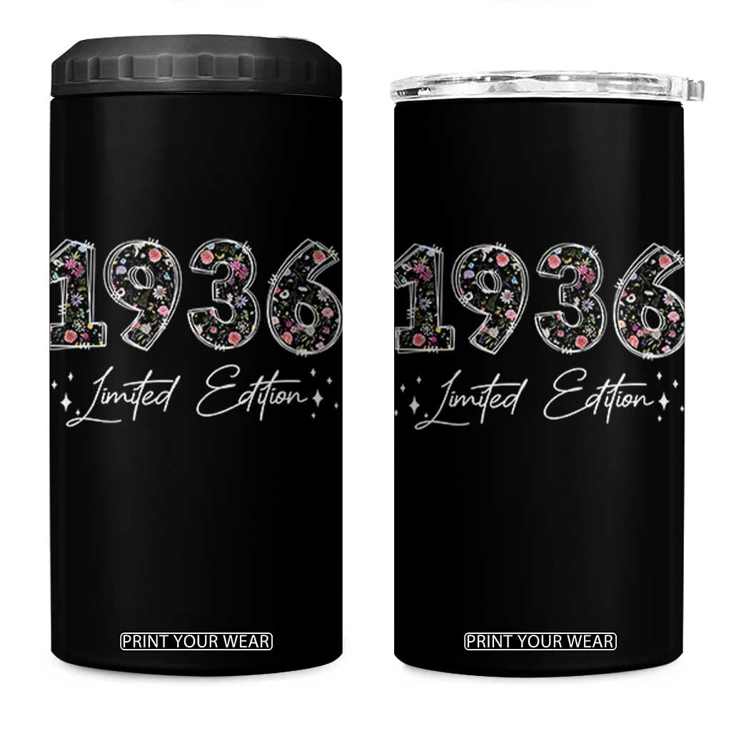 90th Birthday 4 in 1 Can Cooler Tumbler Floral 1936 90 Year Old Birthday Gifts For Women TS10 One Size: 16 oz Black Print Your Wear