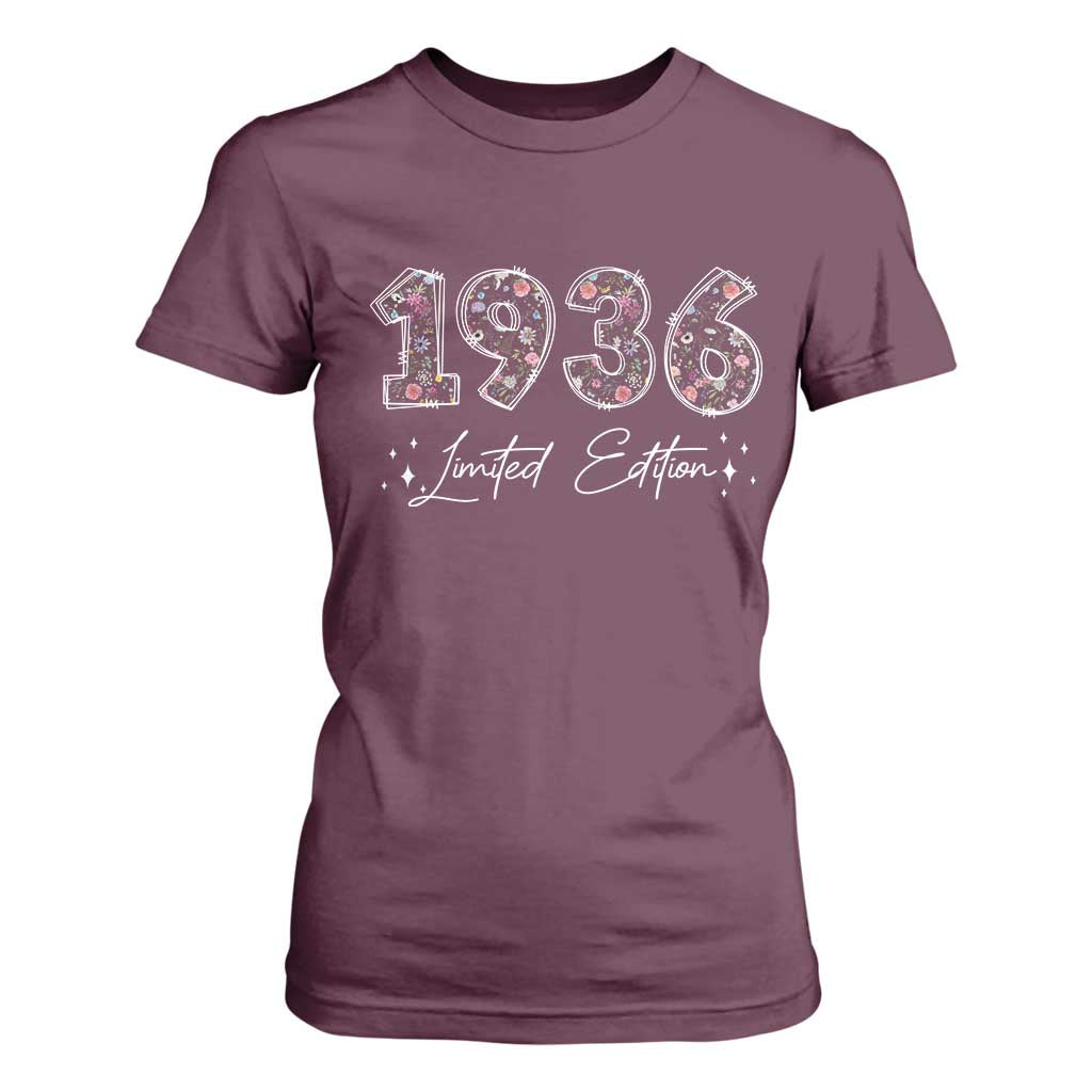 90th Birthday T Shirt For Women Floral 1936 90 Year Old Birthday Gifts For Women TS10 Maroon Print Your Wear