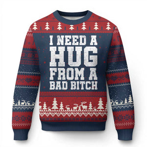 I Need A Hug From A Bad Btch Ugly Christmas Sweater Funny Saying Quote TS10 Navy Red Print Your Wear