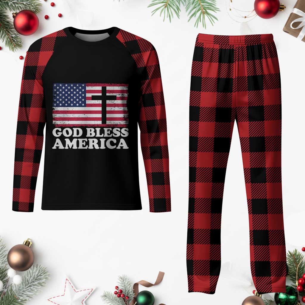 God Bless America Plaid Pajama Set Cross USA Flag Patriotic 4th of July Christian TS10 Buffalo Plaid Print Your Wear
