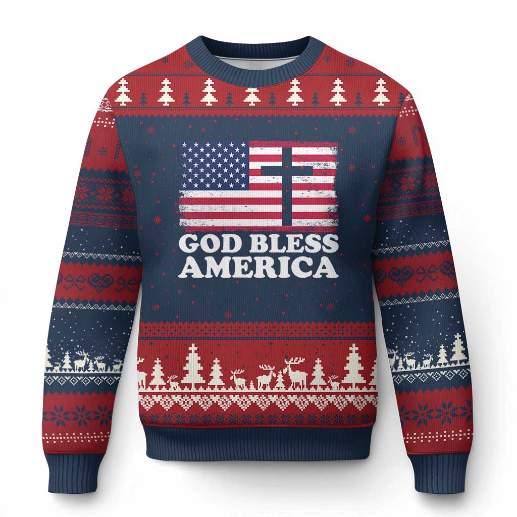 God Bless America Ugly Christmas Sweater Cross USA Flag Patriotic 4th of July Christian TS10 Navy Red Print Your Wear