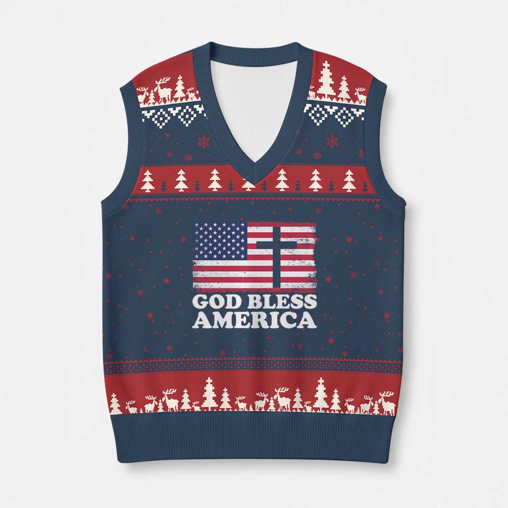 God Bless America V-Neck Knit Sweater Vest Cross USA Flag Patriotic 4th of July Christian TS10 Navy Red Print Your Wear